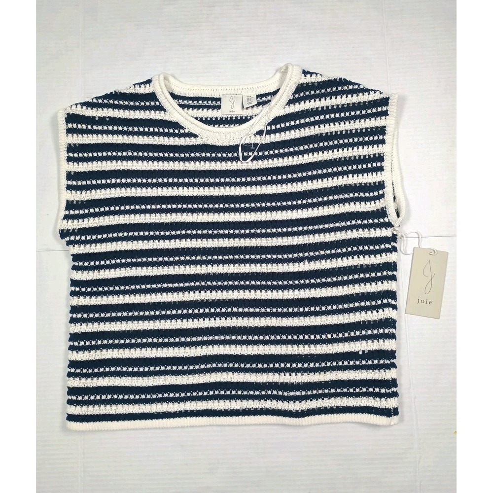 Joie Blue White Stripe Open Knit Sweater Boxy Short Sleeve Medium